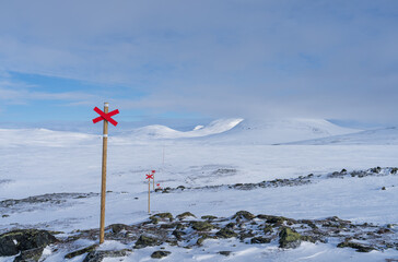 Marked trail for cross-country skiing in the Jämtlands fjällen, Sweden.