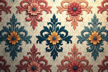Intricate floral damask pattern in muted tones, decorative, repeating