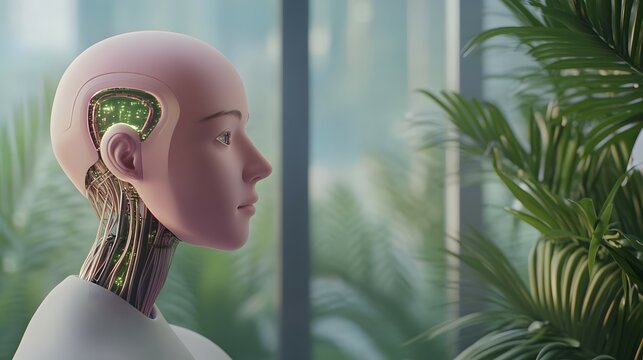 Robot head and neck detail with plant and blurred building background.