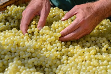Hands inspecting fresh grape clusters in vineyard during harvest season Generative AI