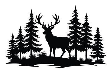 Fototapeta premium Silhouette of Stag Deer with Antlers Between Spruce Trees