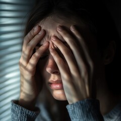 Fototapeta premium A tired woman rubbing her eyes, struggling to stay awake.