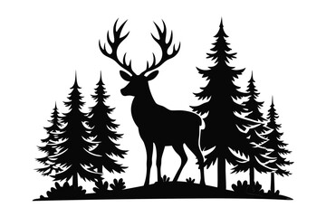 Silhouette Deer with Antlers and Pine Trees Isolated 