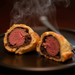 Sliced Beef Wellington on a Plate