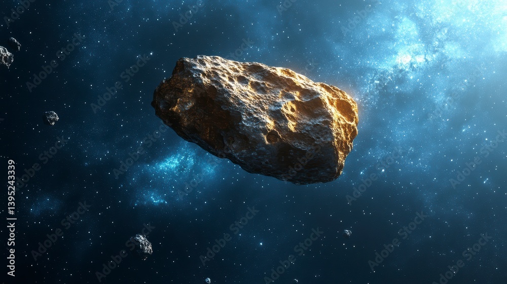 Poster asteroid hurtling through space, surrounded by cosmic dust and nebula.
