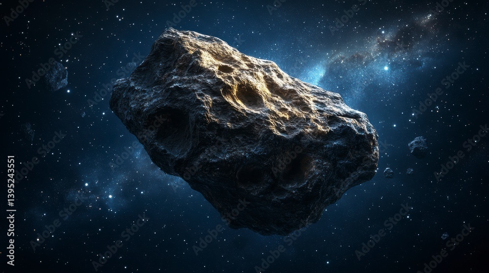Poster A large asteroid floats in deep space, illuminated by distant stars and nebulae.