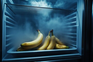 Cold mist envelops ripe bananas in refrigerated environment Generative AI
