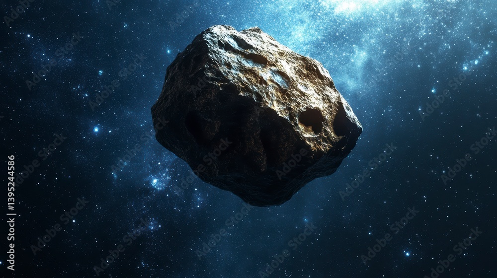 Poster A large asteroid floats in the vast expanse of space, surrounded by distant stars and nebulae.