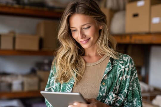 Woman using tablet in storeroom, managing inventory (1)