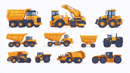 Collection of yellow construction vehicles including dump trucks, tractors, and excavators.