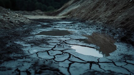 Cracked earth with small puddles rests in a rugged landscape, highlighting the harsh beauty of a drought-affected terrain.