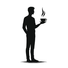 Silhouette of Man Holding Coffee Cup - Elegant Flat Illustration in Black
