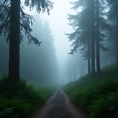Obraz premium Dreamy woodland scene with dense fog, mysterious curved path leading through tall evergreens and ferns, moody and serene ambiance