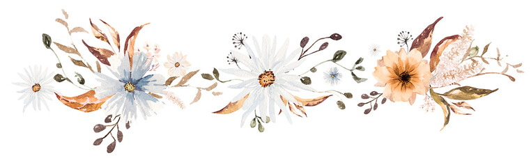 Flower border.Floral pattern with leaf.Botanical floral rim, for cards, wedding or fabric.Hand draw with watercolor.