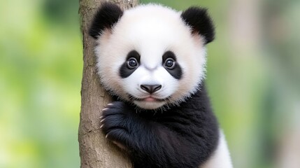 Naklejka premium Adorable baby panda clinging to a tree trunk