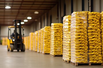 Forklift transports pallets of bananas in warehouse setting Generative AI