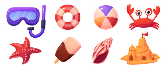 Collection of fun, colorful beach and summer icons including a snorkel, crab, starfish, ice cream, shell, and sandcastle.