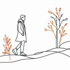 Contemplative Walk One Line Art of a Figure Strolling Through Nature