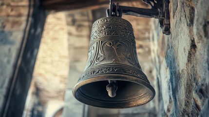 Obraz premium An intricately designed bronze bell hangs solemnly, casting an aura of tradition and timeless craftsmanship in a sunlit old building.