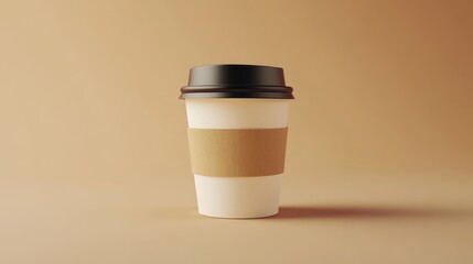 A minimalist coffee cup with a cardboard sleeve sits against a warm-toned background, offering simplicity and elegance.