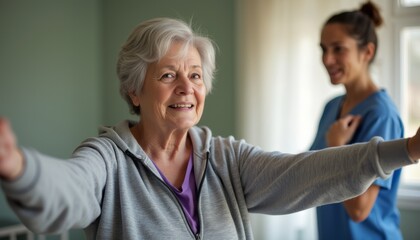 Obraz premium An elderly woman with silver hair joyfully participates in a physical therapy session, extending her arms wide in a moment of triumph. Her caregiver, a young woman in scrubs, stands nearby, radiating
