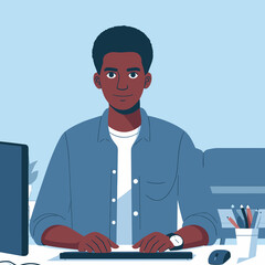 Young Professional Working at Desk in Modern Office - Flat Illustration