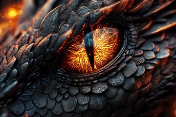 Close-up of a fierce dragon eye with fiery orange glow, set against a backdrop of swirling embers