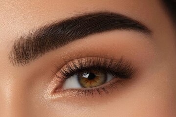 Obraz premium A close-up of a beautiful young woman's eye, showcasing her well-maintained skin and perfect skincare, highlighting human emotions and facial expressions related to beauty and cosmetics, set against