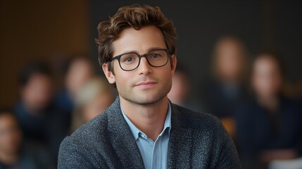 A young, handsome man with stylish glasses and neatly styled hair looks directly at the camera with a calm and confident expression.