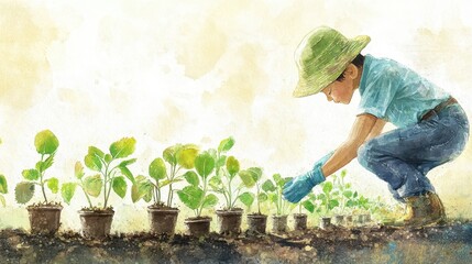 young gardener tending to seedlings
