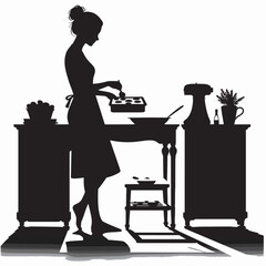 Fototapeta premium Silhouette of Woman Baking in Kitchen Cooking Theme in Black and White Illustration