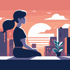 Naklejka premium Woman Meditating on Urban Rooftop at Sunset in Flat Illustration