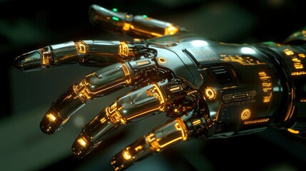 Futuristic robotic hand with illuminated components, showcasing advanced technology in a modern setting