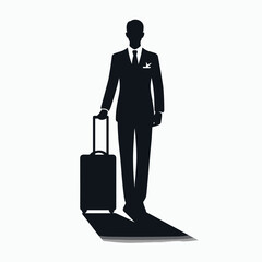 Business Traveler Silhouette with Suitcase in Flat Illustration Style