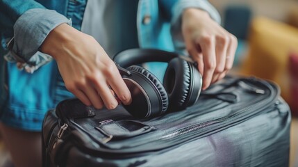 Young adult caucasian female packing headphones in suitcase for travel