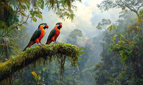 Two vibrant parrots perched on a mossy branch in a lush, tropical rainforest setting