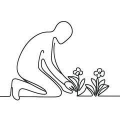 Obraz premium Minimalist One Line Art of Person Gardening with Flowers