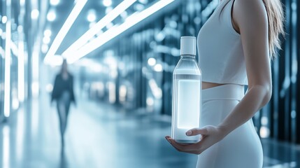 Female holding futuristic smart water bottle in modern tech environment