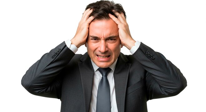 Stressed and frustrated businessman in a suit grabs his head in despair against a white backdrop, conveying intense pressure and anxiety.