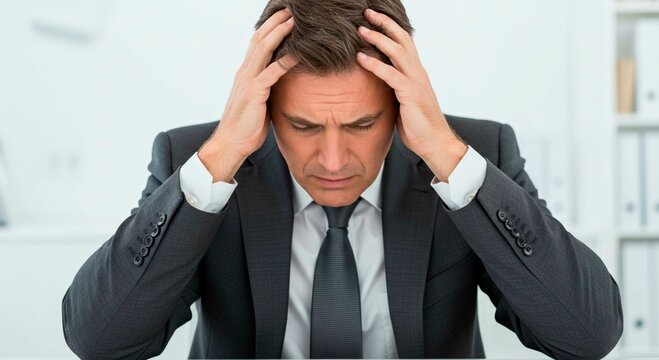 Stressed executive with hands on his head, looking down, at desk in office. He appears overwhelmed and anxious about his work.