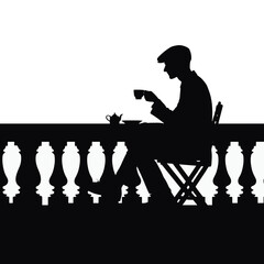 Silhouette of Man Enjoying Coffee on Balcony - Lifestyle Flat Illustration
