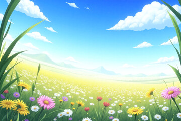 Fototapeta premium field full of colorful flowers with a blue sky in the background (2)1