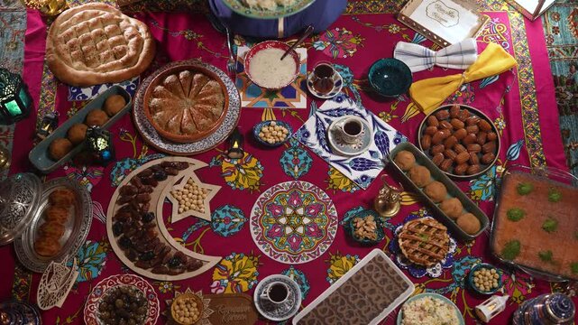 Ramadan Iftar Table Background Video, Muslim Family Having Dinner At Home, Iftar Table Turkish Traditional Food, Ramadan Background, Eid Mubarak Concept Video, Uskudar Istanbul, Turkiye (Turkey) 