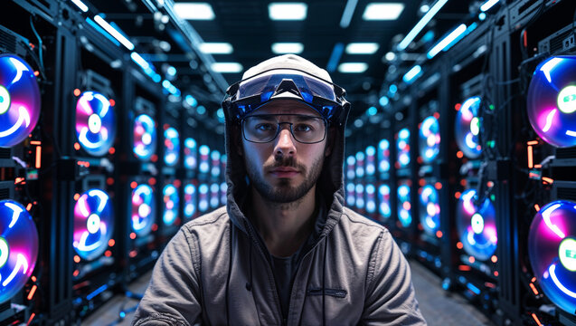 Programmer In A Data Center With Gpu Servers And Led Lights - Powered by Adobe