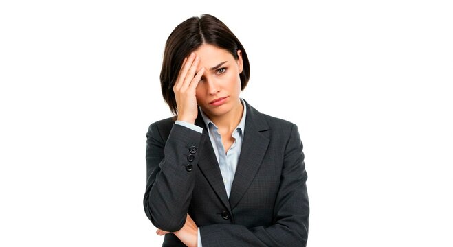 A businesswoman dressed in a business suit, appearing overwhelmed with a hand on her forehead. Isolated on a white background
