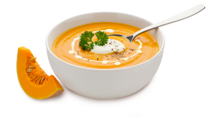 traditional Vegetarian pumpkin soup with cream in bowl with spoon, topping with parsley, cream and spice, cutout transparent background, png format,  top view,
