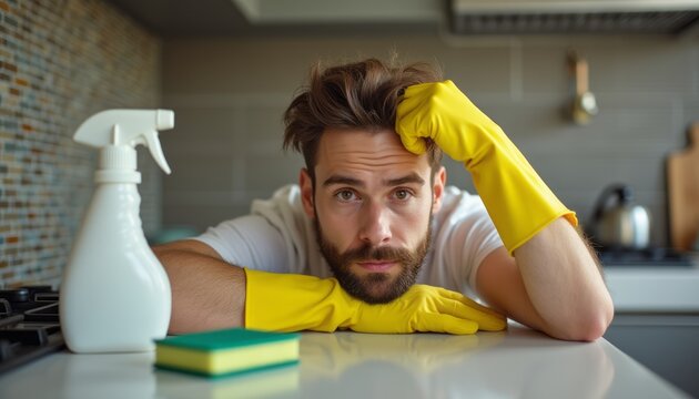 A young man with a beard, wearing bright yellow cleaning gloves, leans on a kitchen counter, looking overwhelmed. The scene captures the relatable struggle of tackling household chores, with a spray