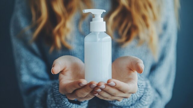 Young caucasian female holding a bottle of lotion in hands