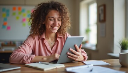 Fototapeta premium A joyful young woman with curly hair is focused on her tablet, radiating positivity in a well-lit office. Surrounded by notebooks and colorful sticky notes, she embodies creativity and productivity