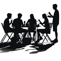 Silhouette of People Dining at a Table in a Cafe - Black and White Vector Illustration